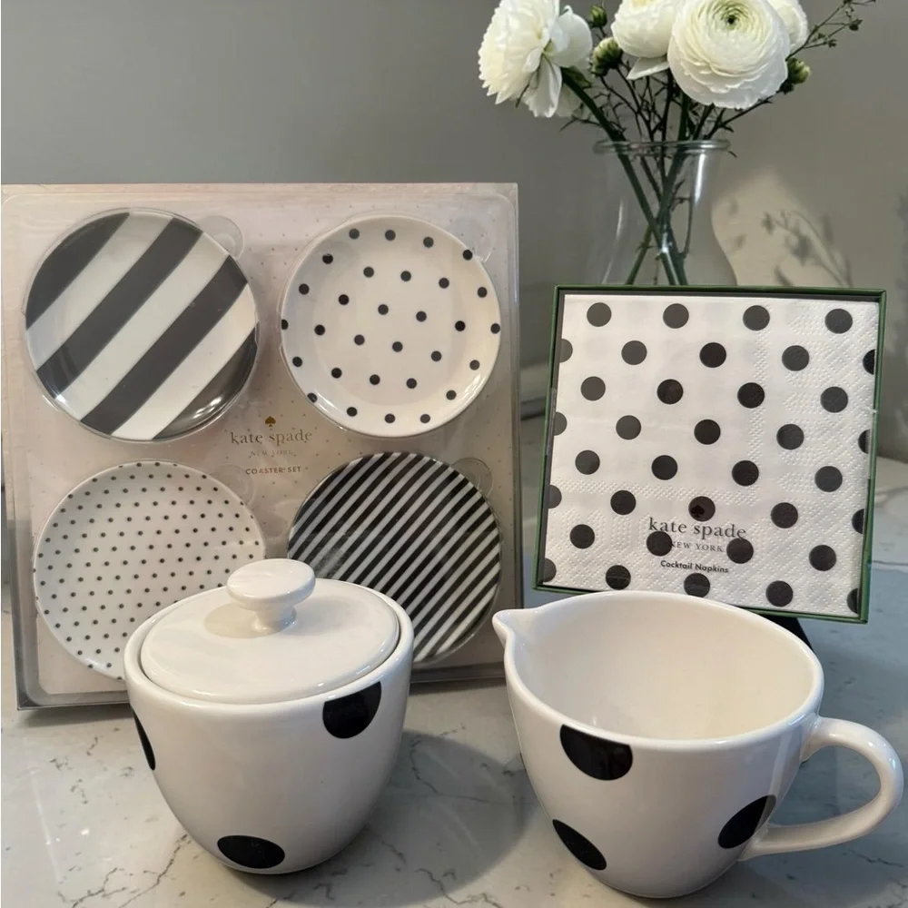 kate spade Lenox Polk a Dot Ceramic Creamer&Sugar Set with Coaster Set & Napkins
